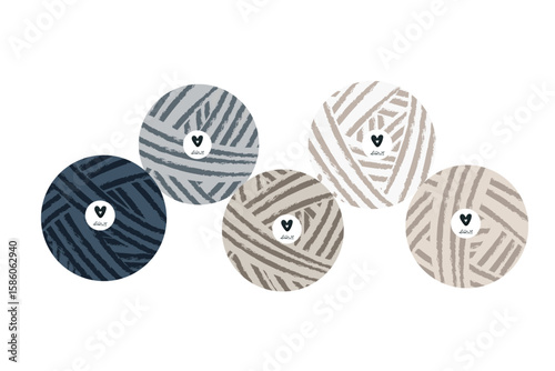 Vector illustration of ball of yarn and skein with knitting needles and hooks. Hand drawn style, cozy craft theme. Includes woolen threads, Knitting, needlework and hobby concept. Soft colors, minimal
