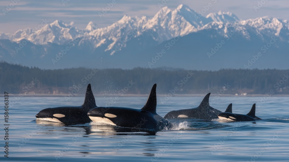 Fototapeta premium Orcas swim in calm water; snowy peaks in background