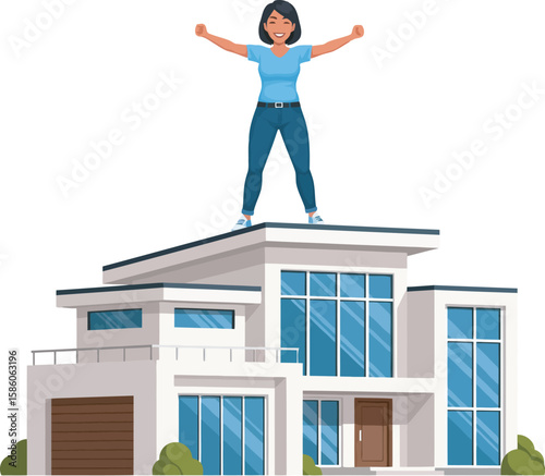 A woman stands on the roof of a modern house with her arms raised in a celebratory pose.
