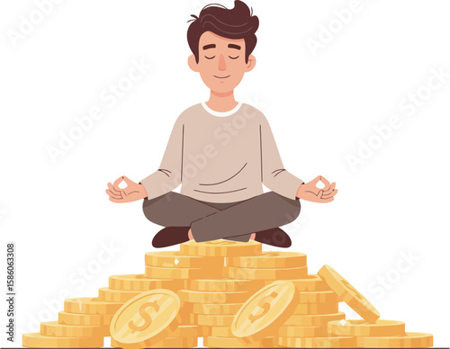 Serene man meditates atop a large pile of gold coins, symbolizing wealth and mindfulness.