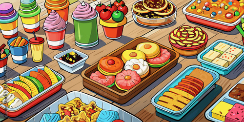 A vibrant display of delicious desserts features a birthday cake with candles, colorful cupcakes, and an assortment of sweet snacks