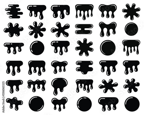 Collection of black ink splatters and drips liquid 1