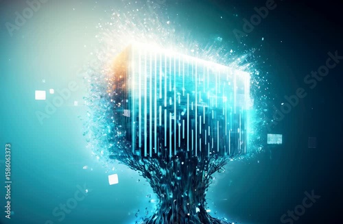 Abstract digital illustration of a human head silhouette composed of glowing particles and binary code, representing technology, innovation, and the future of artificial intelligence