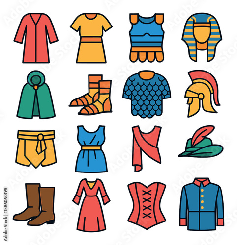 historical clothing modern flat style.robes,tunic,armor,headdress,cloak,sandals,chainmail,helmet,loincloth,peplos,sash,feathered hat,leather boots,medieval