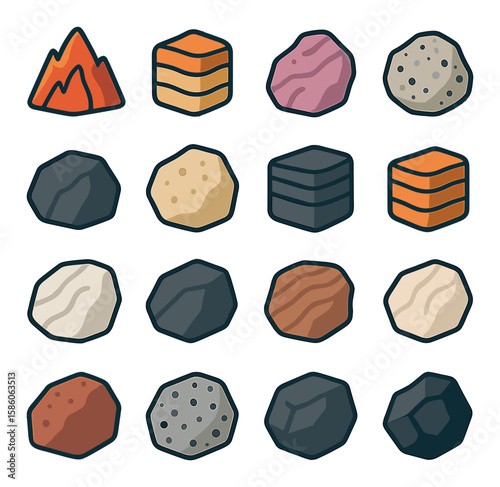 types of rocks modern flat style.igneous rock,sedimentary rock,metamorphic