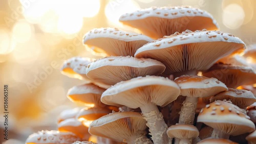 Close-up view of mushrooms showcasing their intricate textures and soft colors, surrounded by a warm, glowing background, evoking a peaceful woodland scene