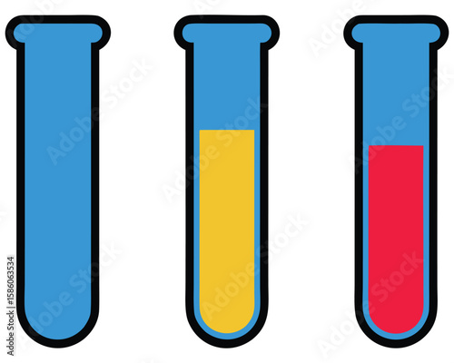 Three stylized test tubes with blue liquid yellow liquid and red liquid 1