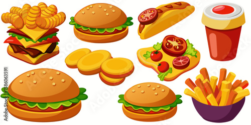 A delicious grilled beef cheeseburger with fresh lettuce, tomato, onion, and sesame bun, part of a vibrant fast food icon set