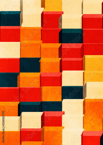 3D Warm Cube Grid. Bold orange, red, and yellow cubes form a deep, staggered 3D grid with soft shadows. The layout feels architectural, textured, and rhythmic.