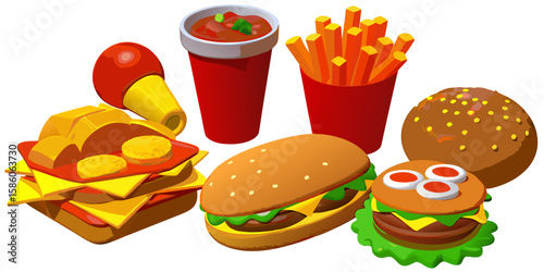 Here's a single sentence for naming an image depicting a fast food icon set:

A vibrant fast food icon set features an isolated cheeseburger with beef, cheese, lettuce, tomato, and onion on a bun, alo