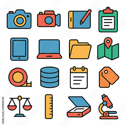 Conceptset modern flat style.documentation modern flat style.photocamera,videocamera,drawingpad,clipboard,tablet,laptop,archivalfolder,mappingtools,measuringtape,database