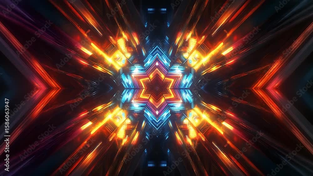 Vibrant abstract light patterns radiating in a symmetrical star shape, creating a dynamic visual effect