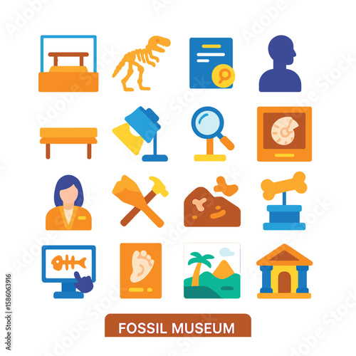 fossil museum exhibits modern flat style. display case, fossil skeleton, information plaque, visitor silhouette, museum bench, spotlight, magnifier stand, fossil replica