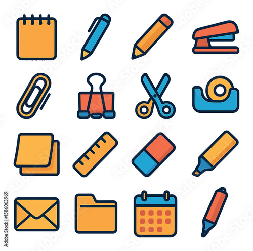 office stationery and supplies modern flat style. notepad, pen, pencil, stapler, paperclip, binder clip, scissors, tape dispenser, sticky notes, ruler, eraser