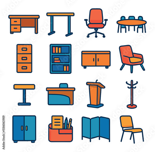 office furniture pieces modern flat style. executive desk, standing desk, swivel chair, conference table, filing cabinet, bookshelf, credenza, lounge chair, side table