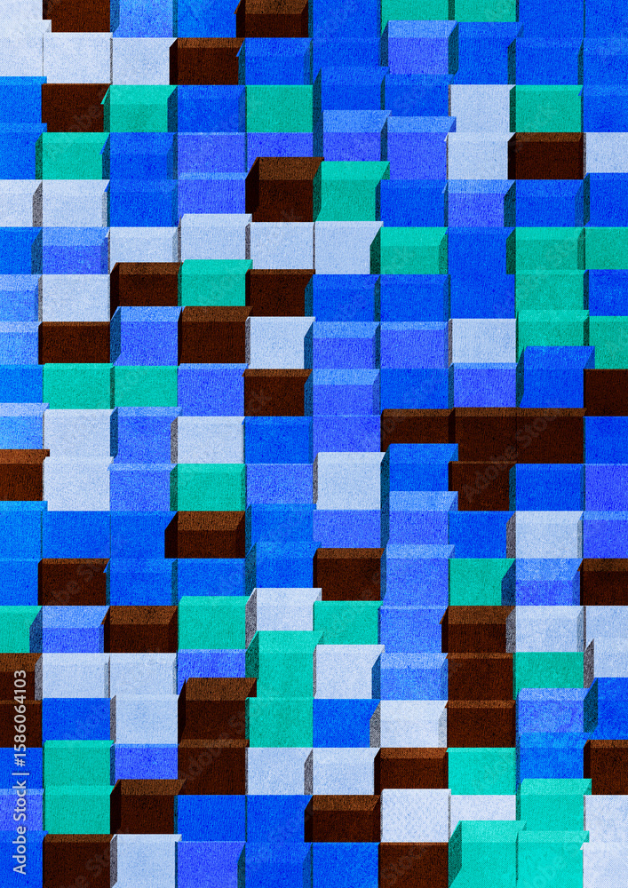 Fototapeta premium 3D Cool Cube Grid. Blue, cyan, and sea-green cubes create a cool-toned, pixel-like 3D grid. A layered architectural abstraction with a digital mosaic feeling.