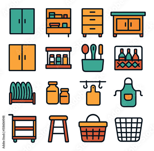 kitchen furniture and storage modern flat style. cabinets, shelves, drawers, kitchen island, pantry, spice rack, utensil holder, wine rack, plate rack, storage jars
