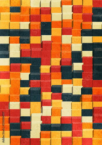 Stacked Warm Data Blocks. A pixelated tower of red, yellow, and black rectangular blocks form a vertical rhythm like a coded data wall or heatmap in 3D illusion.