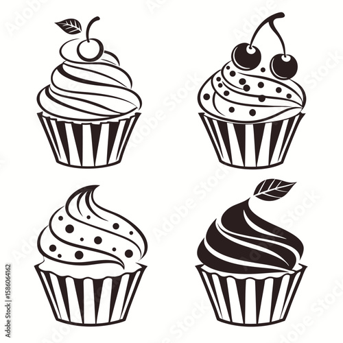 Black and white cupcake silhouettes with various toppings on white background