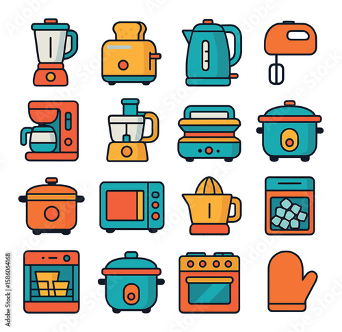 kitchen appliances and tools modern flat style. blender, toaster, kettle, mixer, coffee machine, food processor, grill, slow cooker, pressure cooker, microwave, juicer