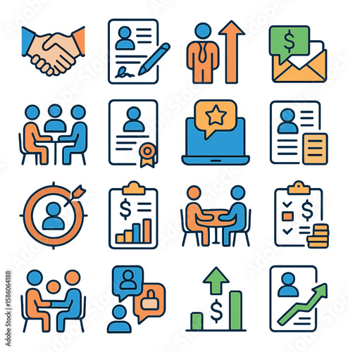 salary negotiation and career growth modern flat style. handshake, contract signing, promotion letter, pay raise notification, interview, job offer letter, performance