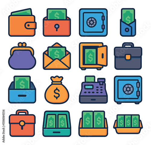 banknote storage modern flat style. wallet, cash box, safe, money clip, purse, envelope, deposit box, briefcase, drawer, money bag, cash register, bank vault, pouch