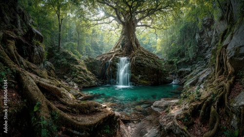 Enormous tree with expansive roots towers over a small, glistening waterfall & lagoon