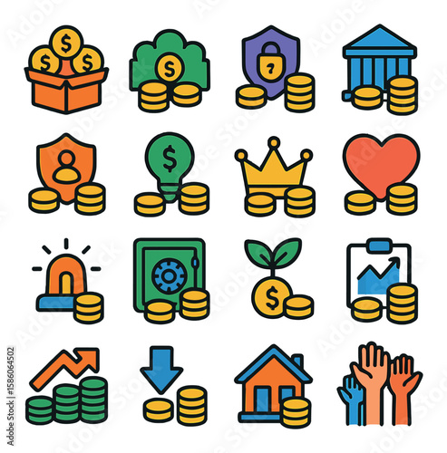 types of funds modern flat style. mutual fund, hedge fund, pension fund, endowment fund, trust fund, venture capital fund, sovereign wealth fund, charity fund, emergency