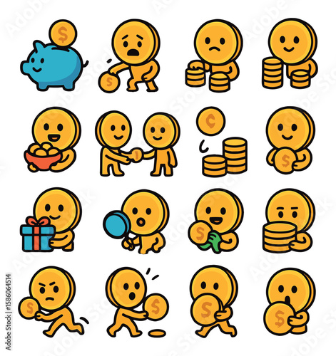 coin emotions and actions modern flat style. saving coins, losing coins, counting coins, dropping coins, collecting coins, trading coins, exchanging coins, flipping coin