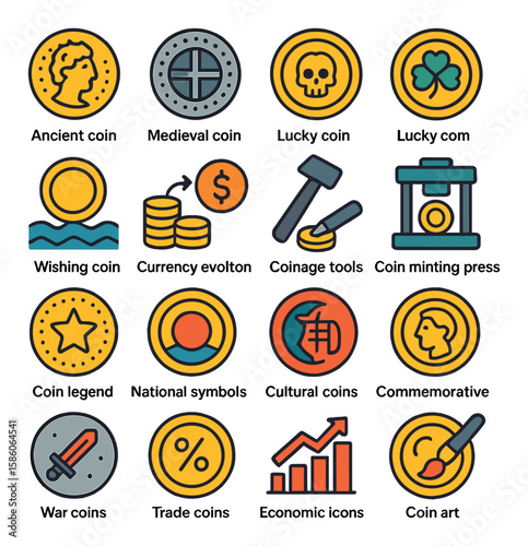coin history and symbolism modern flat style. ancient coins, medieval coins, pirate treasure coins, lucky coins, wishing coins, currency evolution, coinage tools, coin