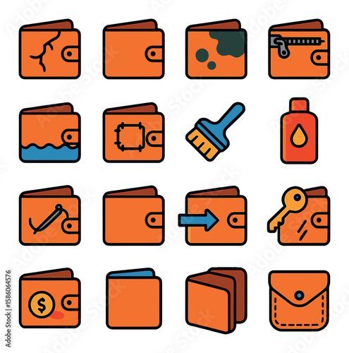 wallet damage and care modern flat style. torn wallet, worn leather, stain, zipper broken, water damage, patch, cleaning brush, leather conditioner, stitch repair, new