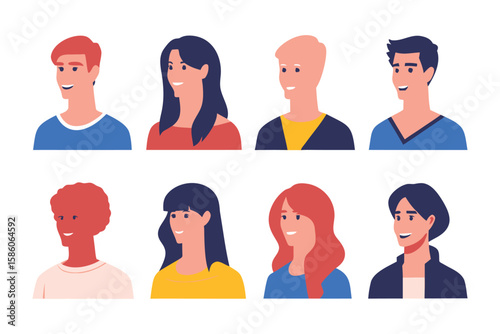 Diverse Faces Portrait: A collection of vector illustrations showcasing the individuality and diverse characteristics of various individuals, each with their unique features and expressions.