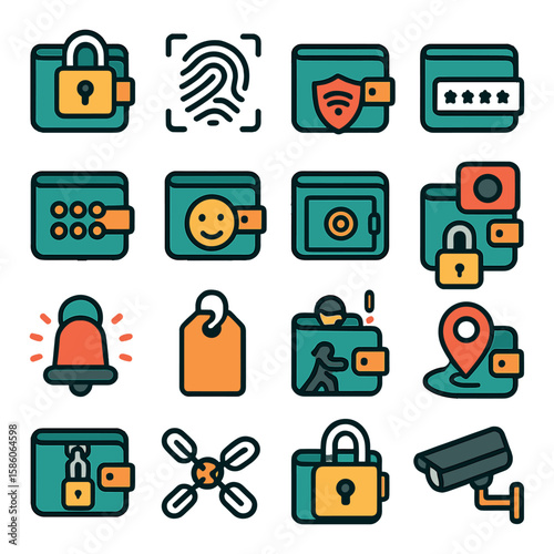 wallet security modern flat style. lock, fingerprint scanner, RFID shield, password, pin code, face recognition, safe deposit box, camera, alarm, security tag, theft