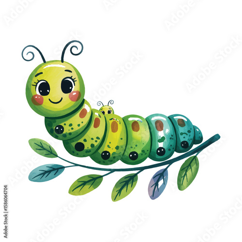 Vector art of a cheerful green caterpillar with rosy cheeks perches on a leafy branch, isolated on white background