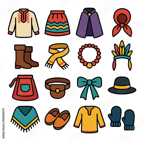 folklore festivals costumes modern flat style. embroidered shirt, peasant skirt, cloak, headscarf, leather boots, sash, beaded necklace, feather headdress, apron, belt