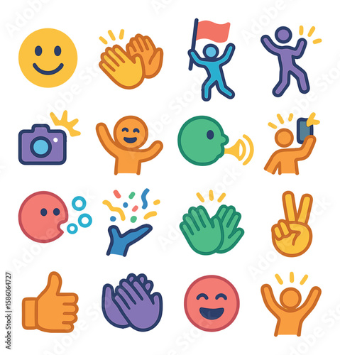 annual parades emotions and actions modern flat style. smiling face, clapping hands, waving flag, dancing figure, camera flash, cheering, blowing horn, taking selfie