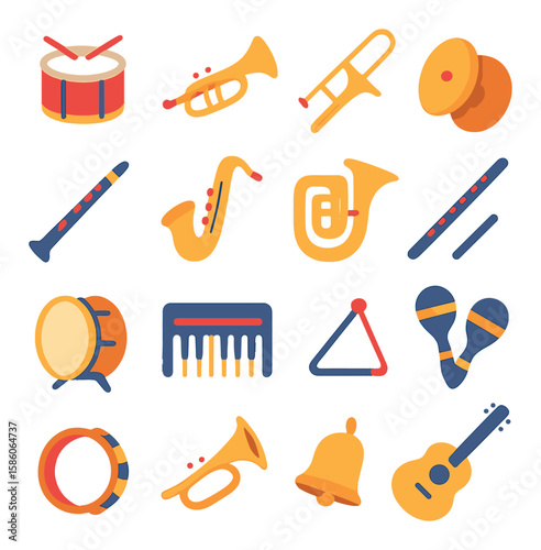 annual parades instruments modern flat style. snare drum, trumpet, trombone, cymbals, clarinet, saxophone, tuba, flute, bass drum, keyboard, triangle, maracas, tambourine
