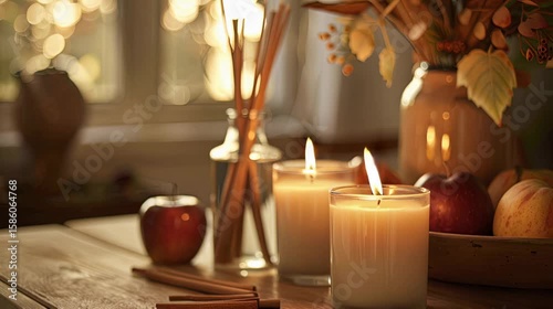 Lit candles on a wooden table create a warm ambiance, accompanied by fresh apples and decorative twigs, enhancing a cozy and inviting atmosphere for relaxation