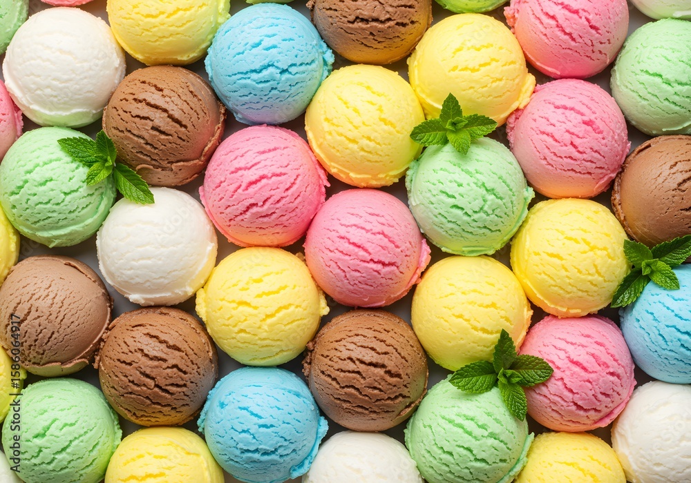 A Colorful Array of Ice Cream Scoops Showcasing Various Flavors and Textures in a Vibrant Display A Colorful Array of Ice Cream Scoops Showcasing Various Flavors and Textures in a Vibrant Display