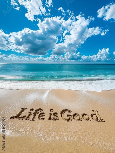 Serene Beach Scene: 'Life is Good' Message Carved in Sand Amidst Waves and Clouds