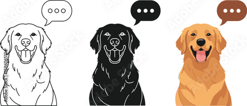 Three golden retriever dogs are displayed in different styles, including a line drawing, a silhouette, and a full-color version, each with a speech bubble above its head.