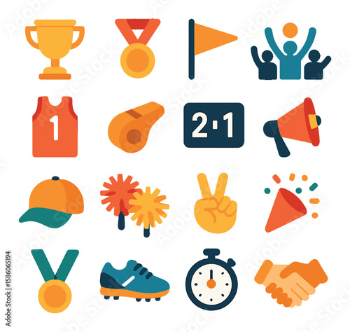 sports celebrations modern flat style. trophy, medal, flag, cheering crowd, sports jersey, whistle, scoreboard, megaphone, cap, pom-poms, victory hand sign, confetti