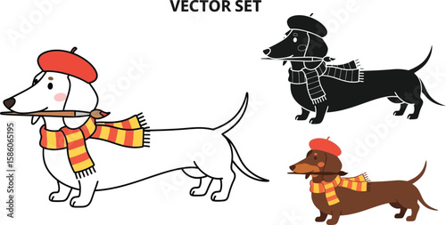 Charming dachshund vector set showcases adorable dogs wearing berets and scarves, one holding a paintbrush, perfect for artistic, playful, and whimsical designs.