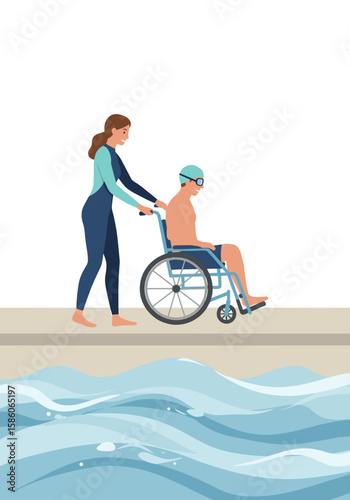 Female swimming instructor in wetsuit pushing a man in a wheelchair by the pool (flat vector illustration)