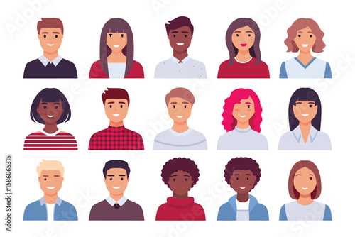 Diverse Portraits Collection: A curated selection of flat design, high-quality portraits showcase a range of faces, reflecting the beauty of diversity and inclusivity.
