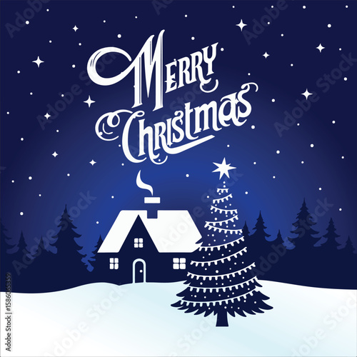 Peaceful Christmas Night Vector | House, Tree & Stars Silhouette Art.