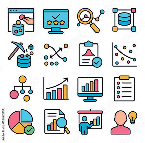 data statistics processes modern flat style. data collection, data cleaning, data analysis, data modeling, data mining, correlation study, hypothesis testing, regression