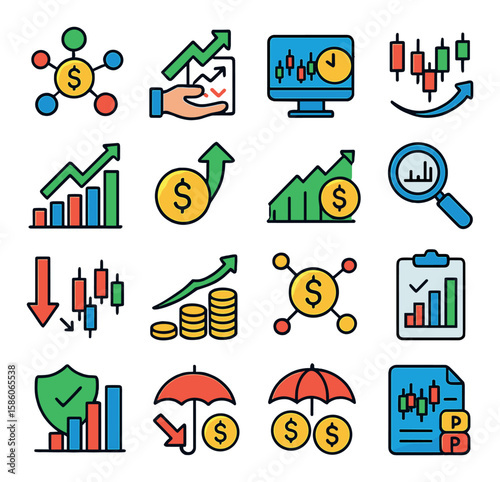 stock market strategies modern flat style. diversification, buy and hold, day trading, swing trading, value investing, growth investing, technical analysis, fundamental