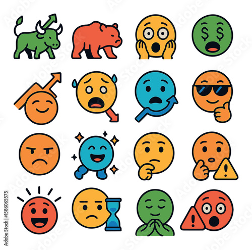 stock market emotions and sentiments modern flat style. bull market, bear market, fear, greed, optimism, panic, hope, confidence, frustration, euphoria, skepticism