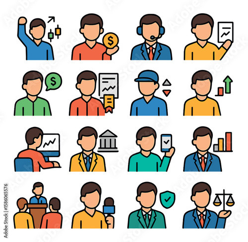 stock market participants modern flat style. trader, investor, broker, analyst, financial advisor, stockholder, market maker, hedge fund manager, day trader